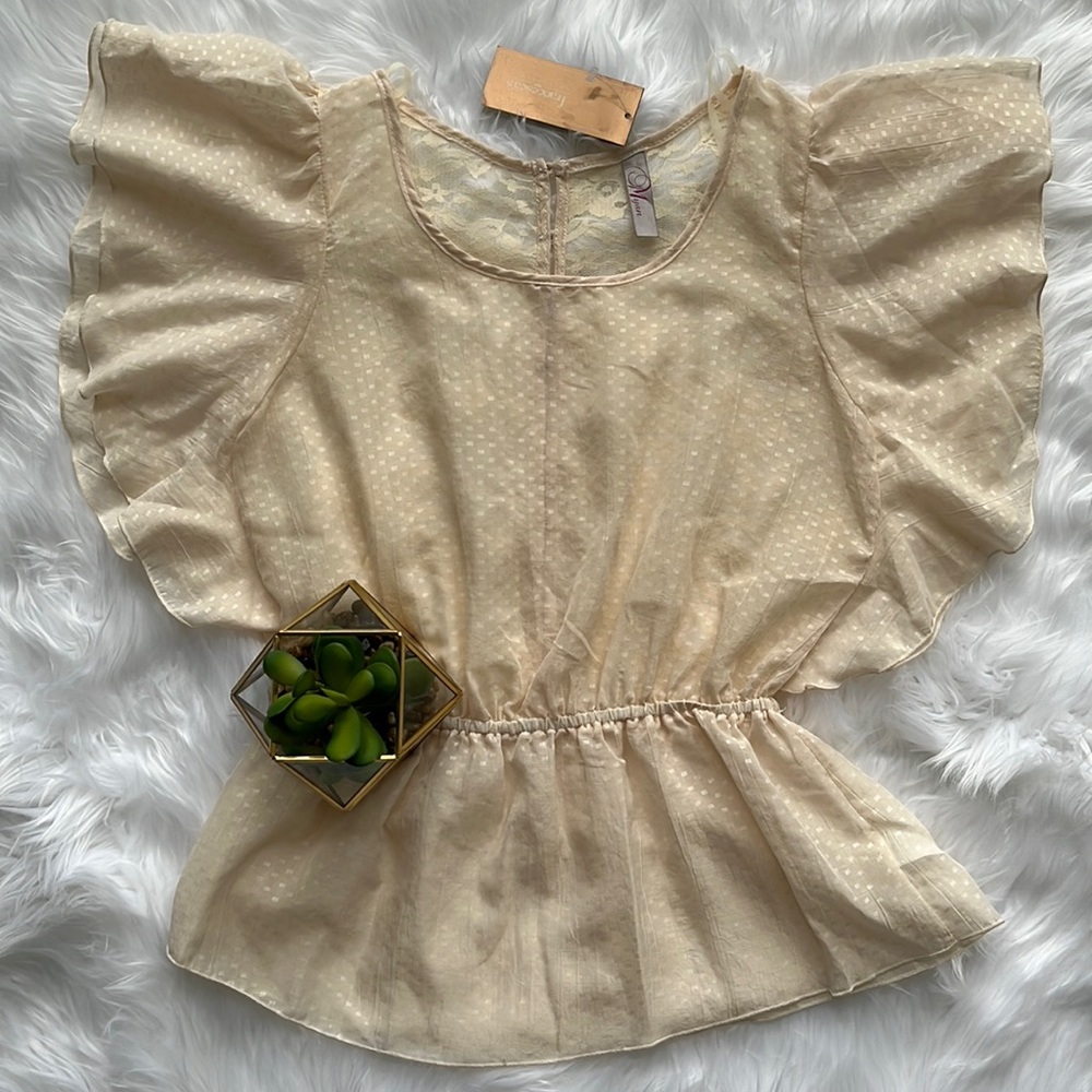 NWT Myan Cream Peplum Top with Flutter Sleeves